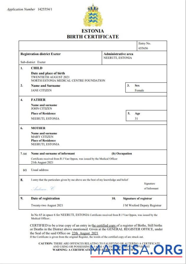 Blank Estonia vital record birth certificate Word and PDF template
